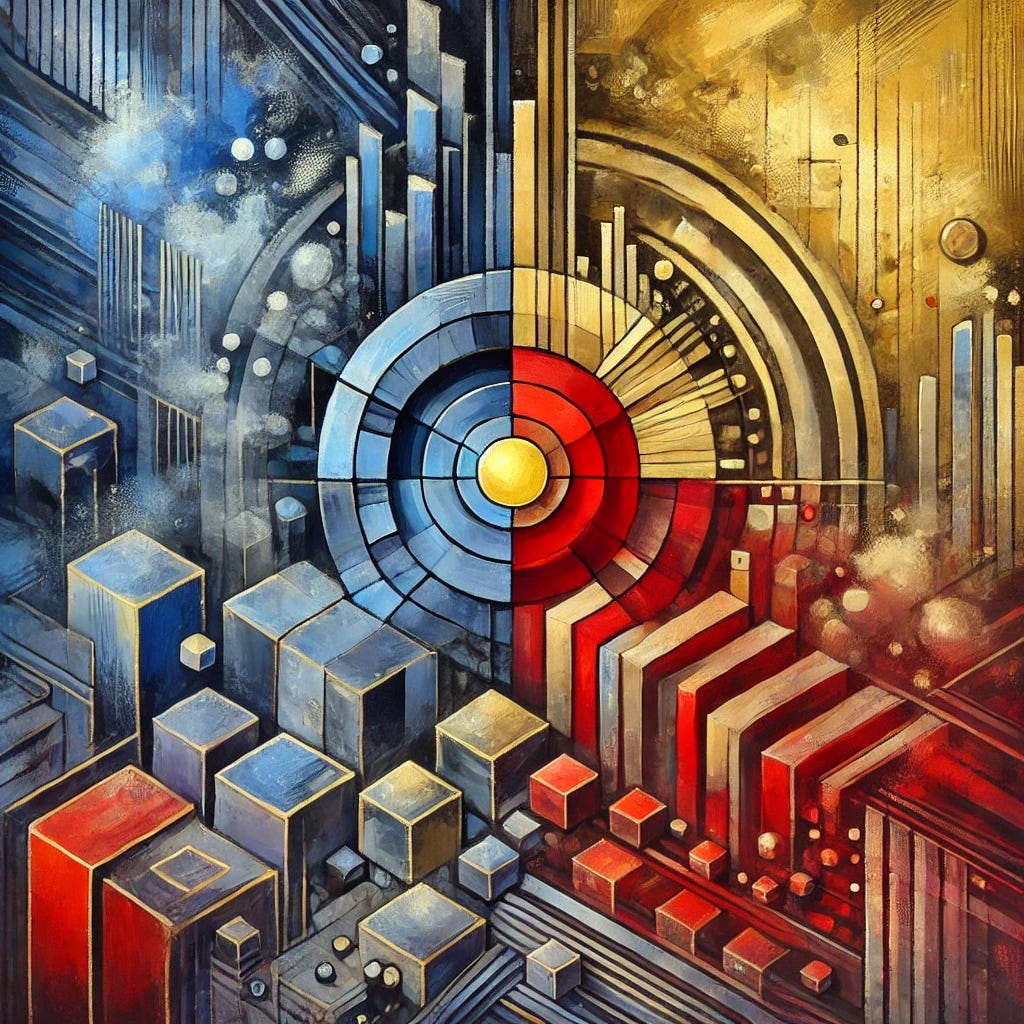 An abstract painting representing economic forces and labor market dynamics. The composition features bold, contrasting colors—deep blues, fiery reds, and neutral grays—symbolizing the interplay of supply and demand. Geometric shapes, some rigid and structured, others fluid and shifting, reflect the changing workforce and wage structures. A singular bright golden shape stands out, representing uniqueness and high-value skills. The painting incorporates layered brushstrokes and scattered patterns to depict the complexities of economic discussions.