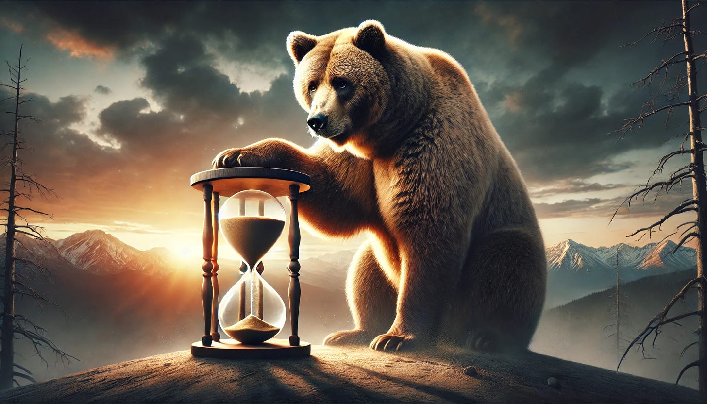 A majestic Kodiak bear standing upright, holding an hourglass in its large paw, with sand running out, symbolizing the passage of time. The bear has a contemplative expression, set against a dramatic background of a fading sunset with mountains in the distance. The scene evokes urgency and a sense of fleeting time. High detail and realistic textures, with the hourglass glowing slightly to draw attention. Aspect ratio 34:21.