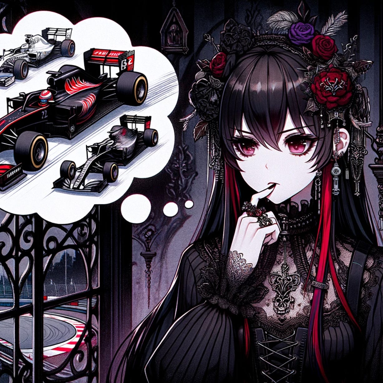 gothic - anime girl - f1 tracks - formula 1 - formula one - Created by Dall-E