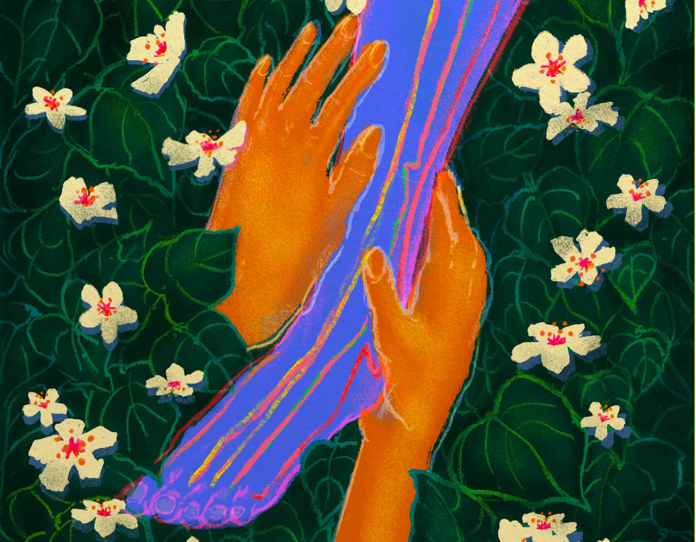 An illustration of two orange-colored hands massaging an ethereal light blue lower leg. The leg has multicolored lines running over it, outlining the chi channels of the body. The hands and leg are nestled in a field of green leaves dotted with tung blossoms: tropical white flowers with pink centers.