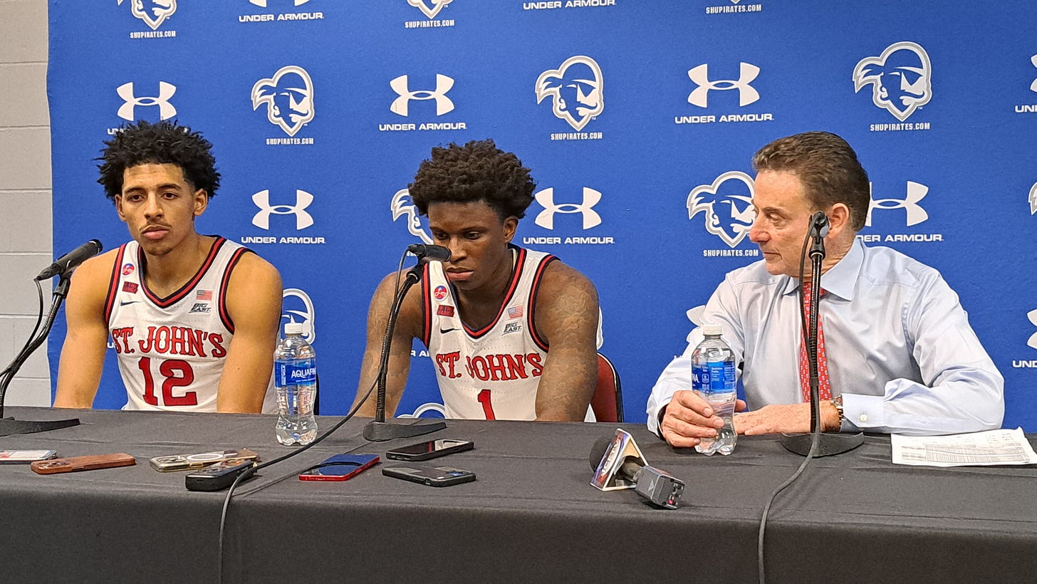 Kadary Richmond (#1) speaks postgame after St. John’s defeats Seton Hall on Jan. 19, 2025. (Photo by Adam Zielonka)