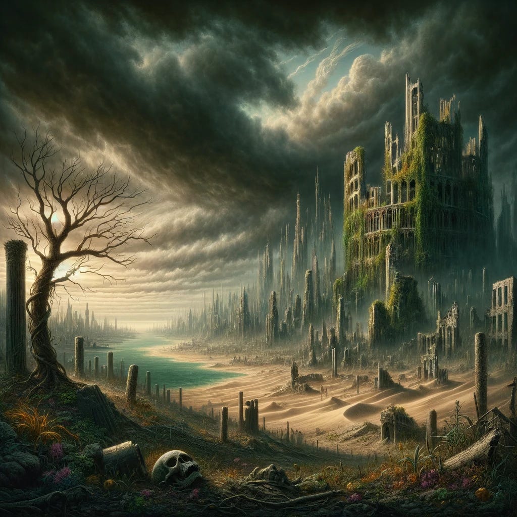 An allegorical scene depicting the negative consequences of extreme environmentalism leading to human extinction. In the foreground, a desolate Earth, overgrown with untamed plants and devoid of human life, symbolizes the abandonment of human civilization. In the background, ruins of once-great cities are being reclaimed by nature, with vines and trees growing over them, indicating the fall of humanity due to imbalanced environmental policies. Skies are heavy with storm clouds, hinting at a disturbed natural balance, while a single, withered, leafless tree stands as a stark reminder of lifelessness. The overall mood is somber, with a color palette dominated by dark greens, browns, and grays, evoking a sense of loss and a warning against going too far in any ideology.
