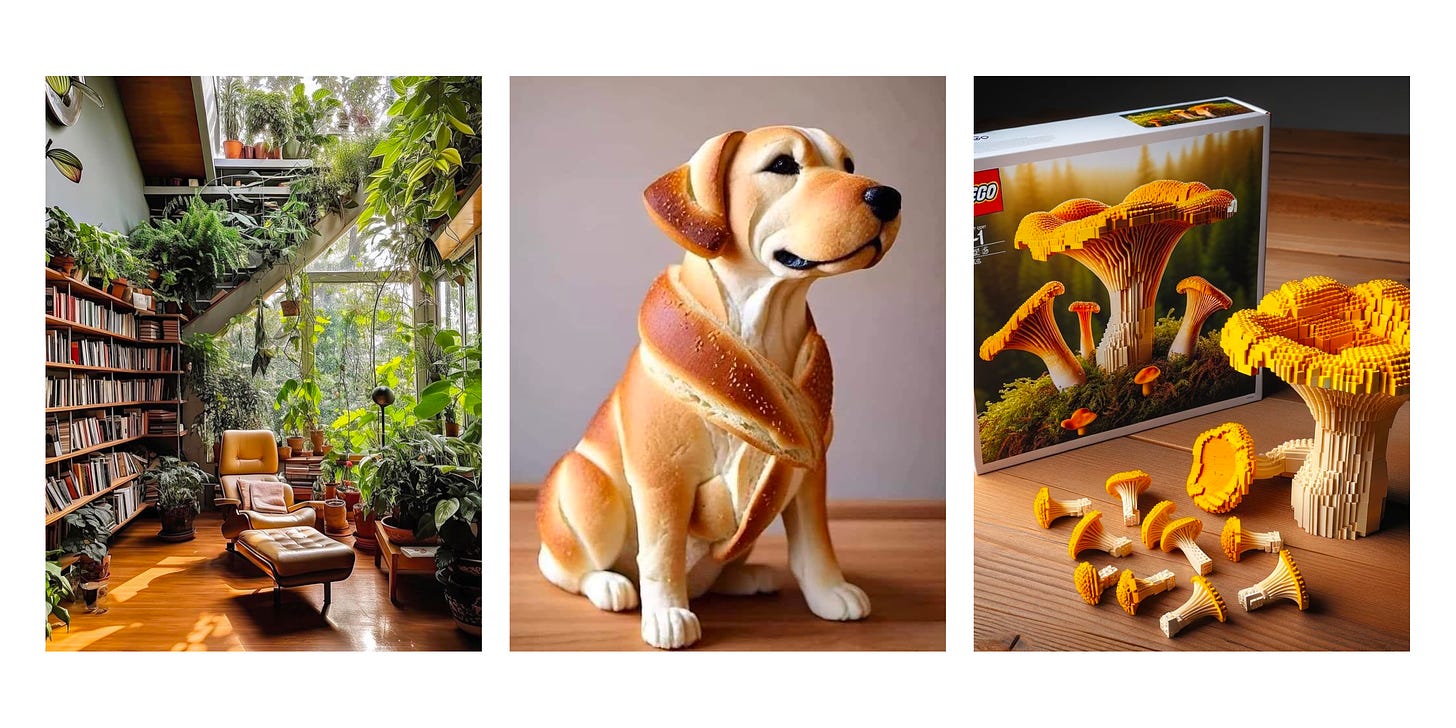 a picturesque interior, walls lined with packed bookshelves, midcentury modern furniture, wall to wall windows, greenery all around; or maybe it’s more of a visual pun: a beautifully browned loaf of bread braided seamlessly into the shape of a Labrador, a chanterelle mushroom Lego set. 