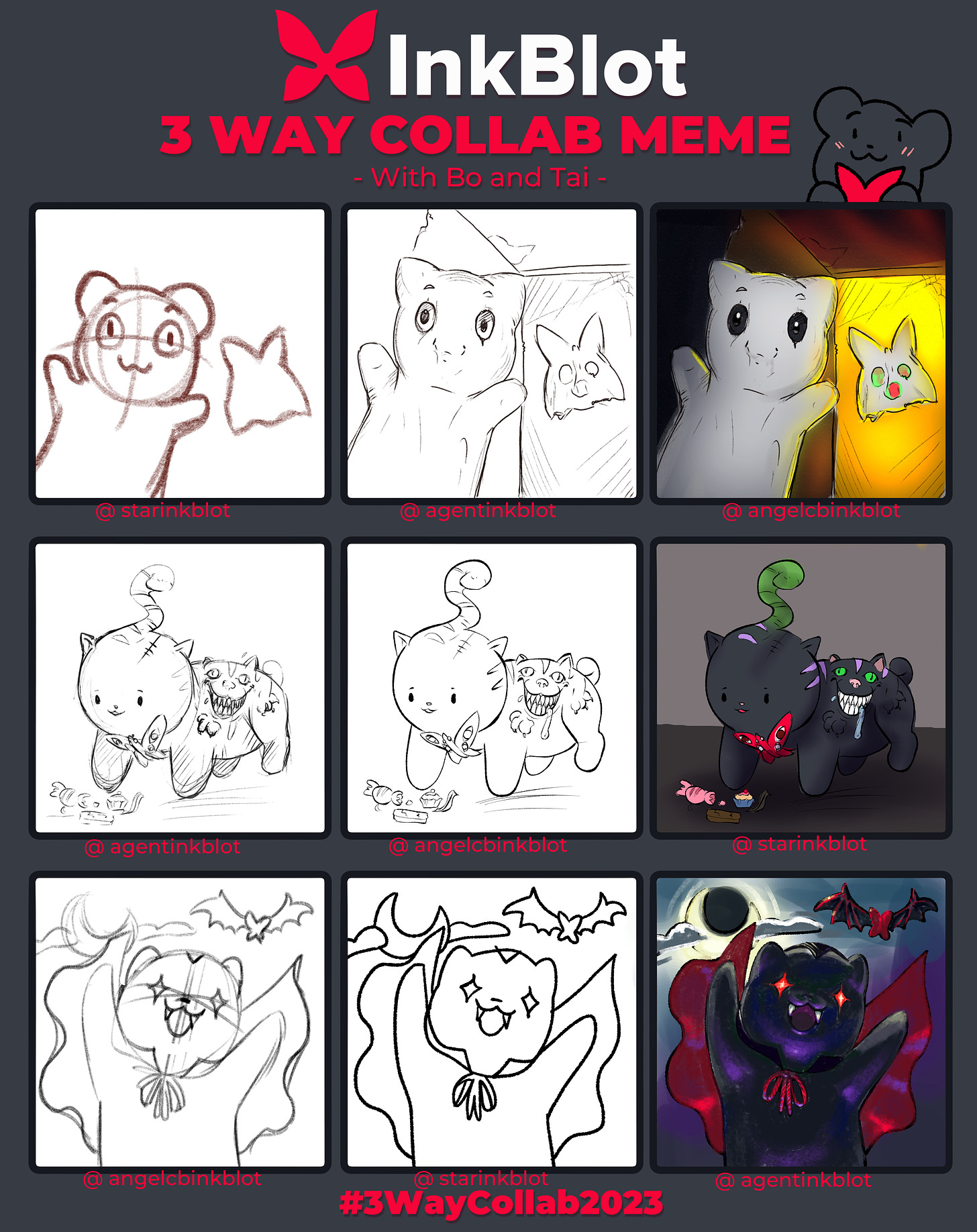 Depicts template for the 3 Way Collab Meme. Shows three rows of three squares depicting a sketch, line art, and colored drawing. The first row is a drawing of Bo and Tai as ghosts. The second row is of a candy eating monster Bo and Tai. The last row is of vampire Bo and Tai.