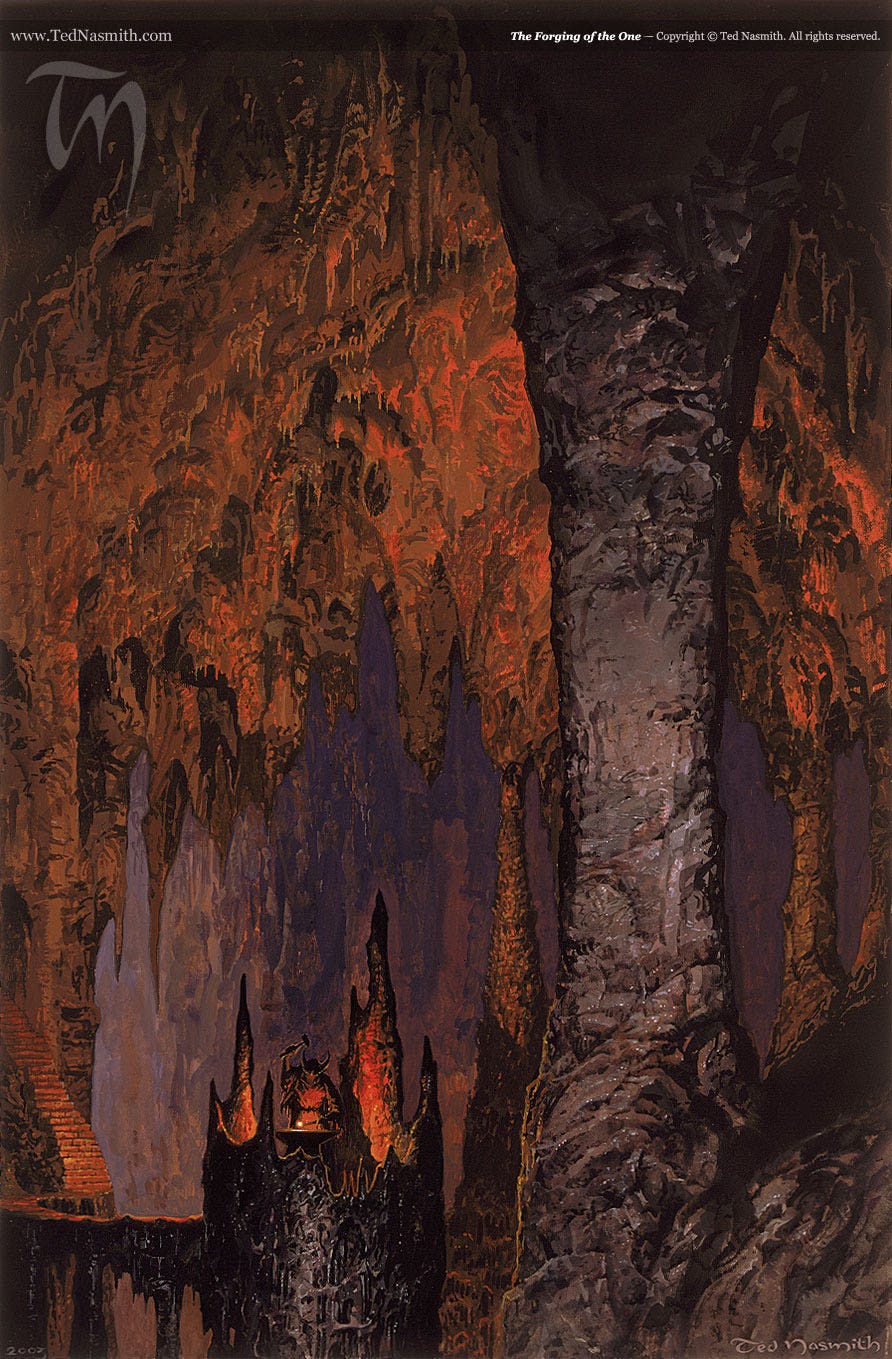 A painting in portrait orientation of the interior of the Cracks of Doom. The rocky cavern is lit with red light and in the lower left, dwarfed by the cavern, Sauron stands over an anvil forging the One Ring.