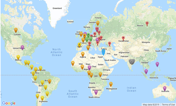 Map of the world with pins where there are Noahide communities