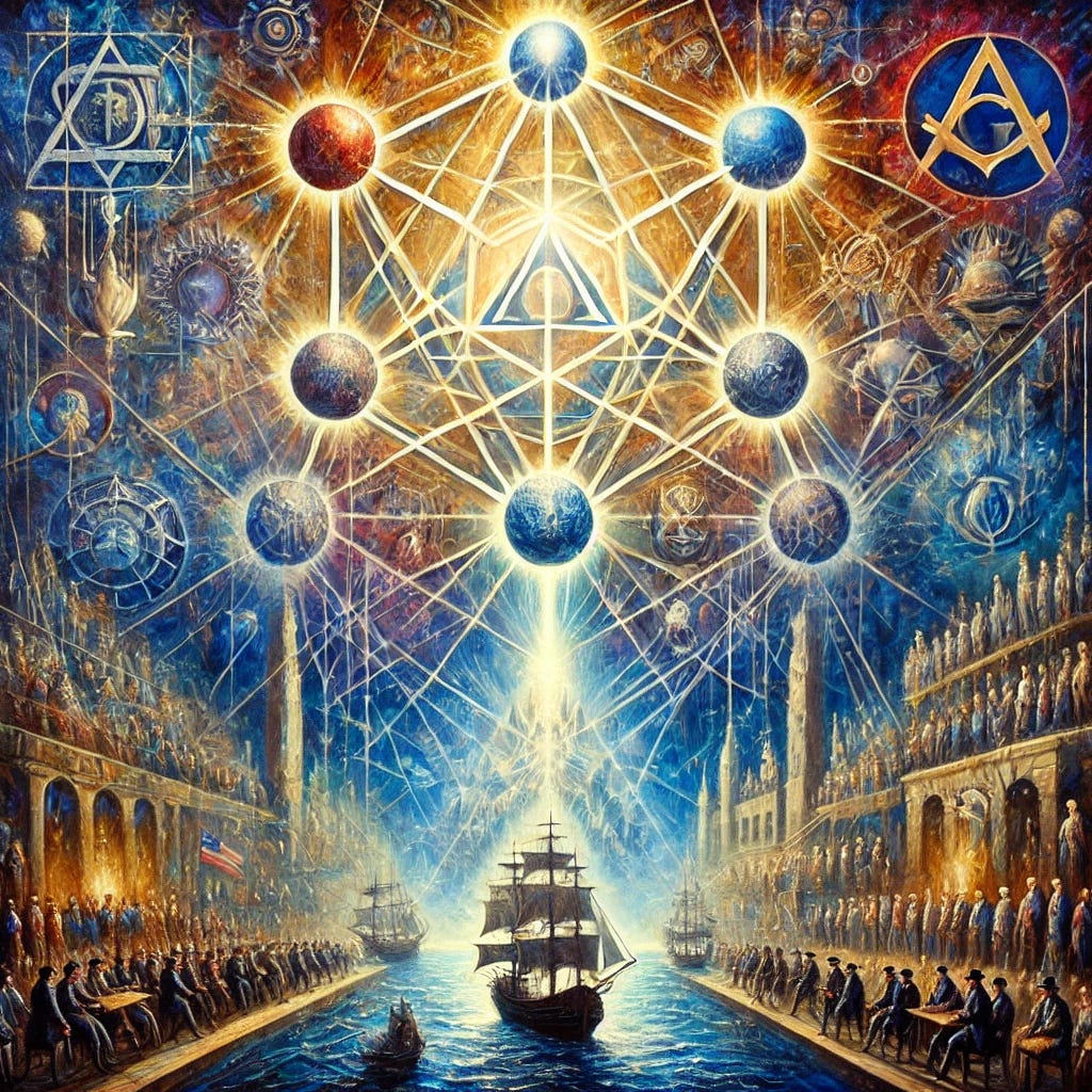 An impressionist oil painting depicting a symbolic representation of global power dynamics. The painting features an interconnected web of abstract shapes symbolizing networks of control, with a glowing financial hub at the center representing the Bank of England. Surrounding this hub are fragmented scenes: a fleet of historic ships symbolizing maritime dominance, shadowy secret societies like Masonry, and cultural figures engaged in activism. A mystical, ethereal backdrop hints at occult influences, while divided world maps symbolize the three-bloc world order post-WWII. The colors are rich and bold, with expressive brushstrokes capturing the complexity and subtlety of power structures.