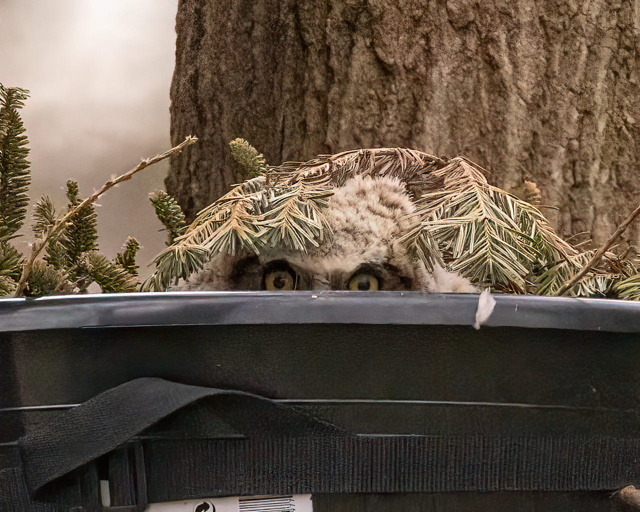 In this image, the owl is peering out over the edge of the tub. There are pine branches on its head, so only the eyes and some fluffy feathers are visible. It is very funny!