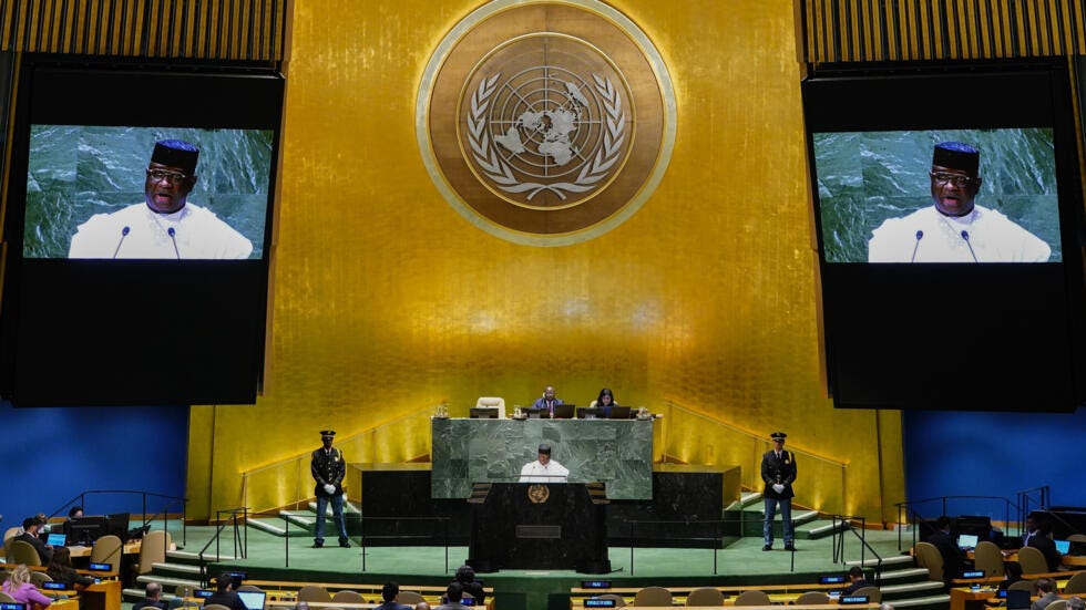 Sierra Leone holds the rotating presidency of the UN Security Council for the month of August. Here, President Julius Maada Bio at the opening of the UN Assembly on 20 September 2023 in New York, at the organisation's headquarters.