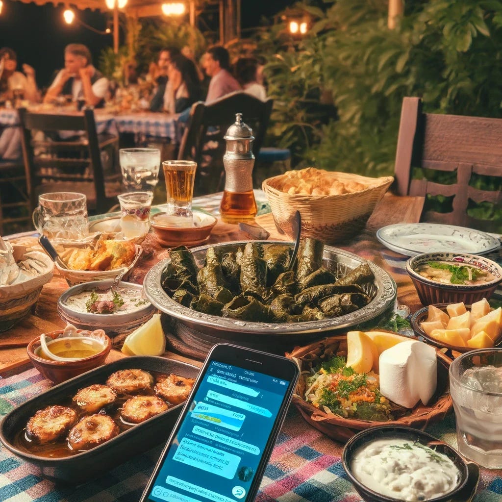 A lively and traditional Turkish rakı table setting, featuring an array of meze dishes such as stuffed vine leaves, grilled octopus, and Turkish white cheese. Instead of a bottle, the table is centered with glasses filled halfway with rakı. Next to the glasses, a smartphone is prominently displayed with the screen showing a clearly visible and active ChatGPT conversation, enhanced for better visibility. The setting is outdoors, under the evening sky, with soft lighting to enhance the cozy, social atmosphere.