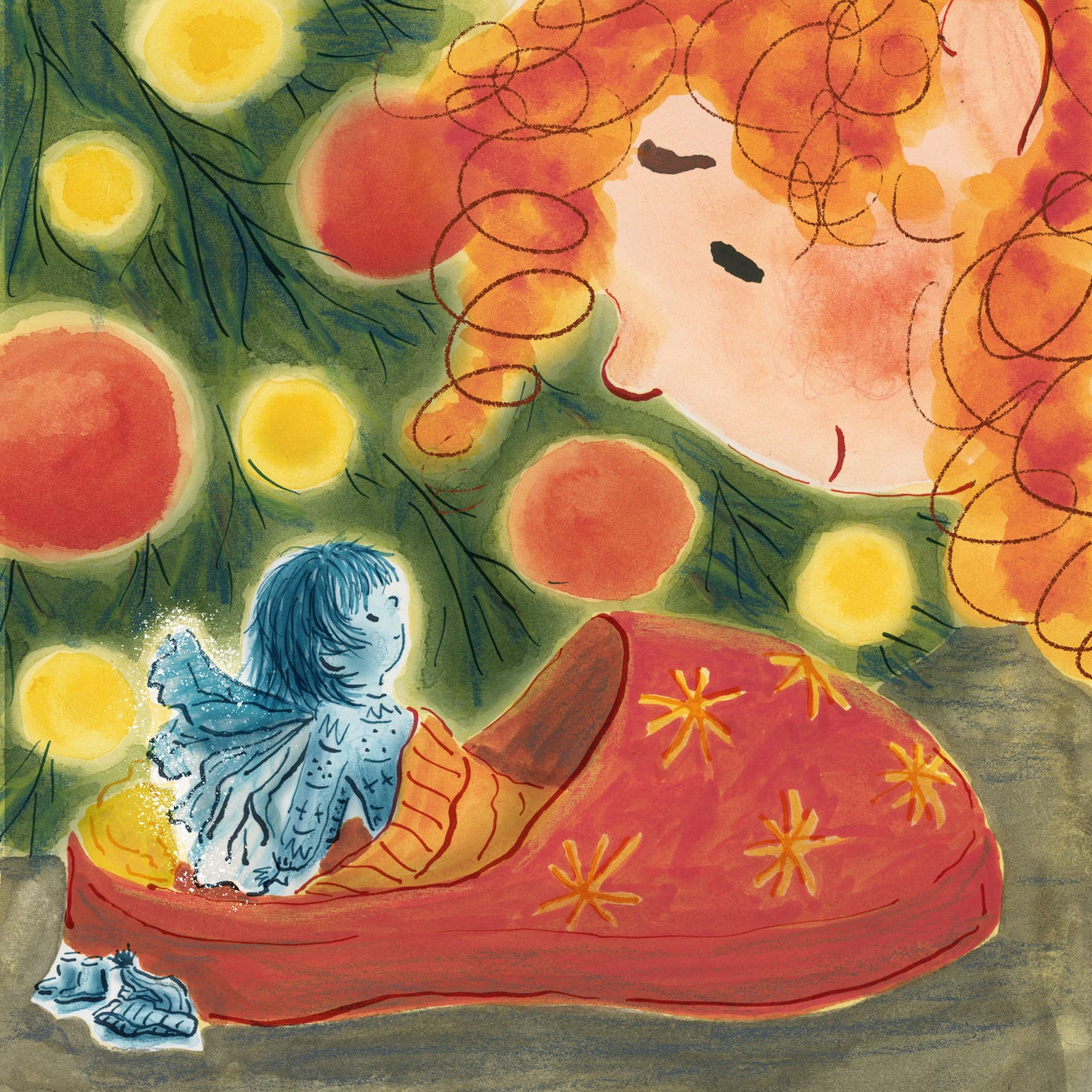 Illustration. Close up on a young ginger haired girl as she leans over her red slipper where she has made a cosy bed for a small winter fairy. The fairy looks up at the girl and they smile shyly at each other. Behind them are the lights of a Christmas tree. Children's book style illustration by Nanette Regan