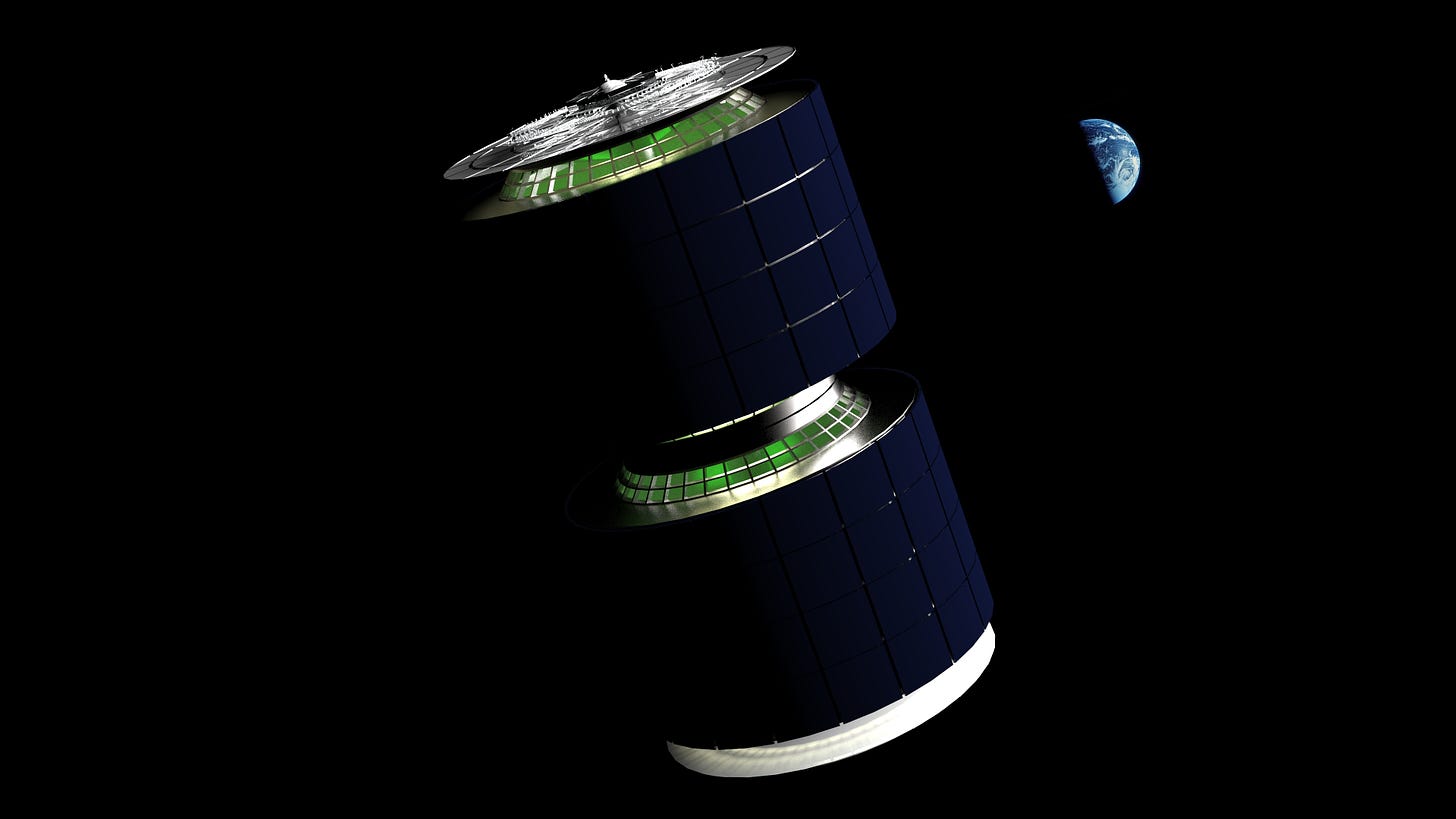 A vaguely hourglass-shaped, cylindrical space ship, tilted in space, with a view of the Earth in the background.
