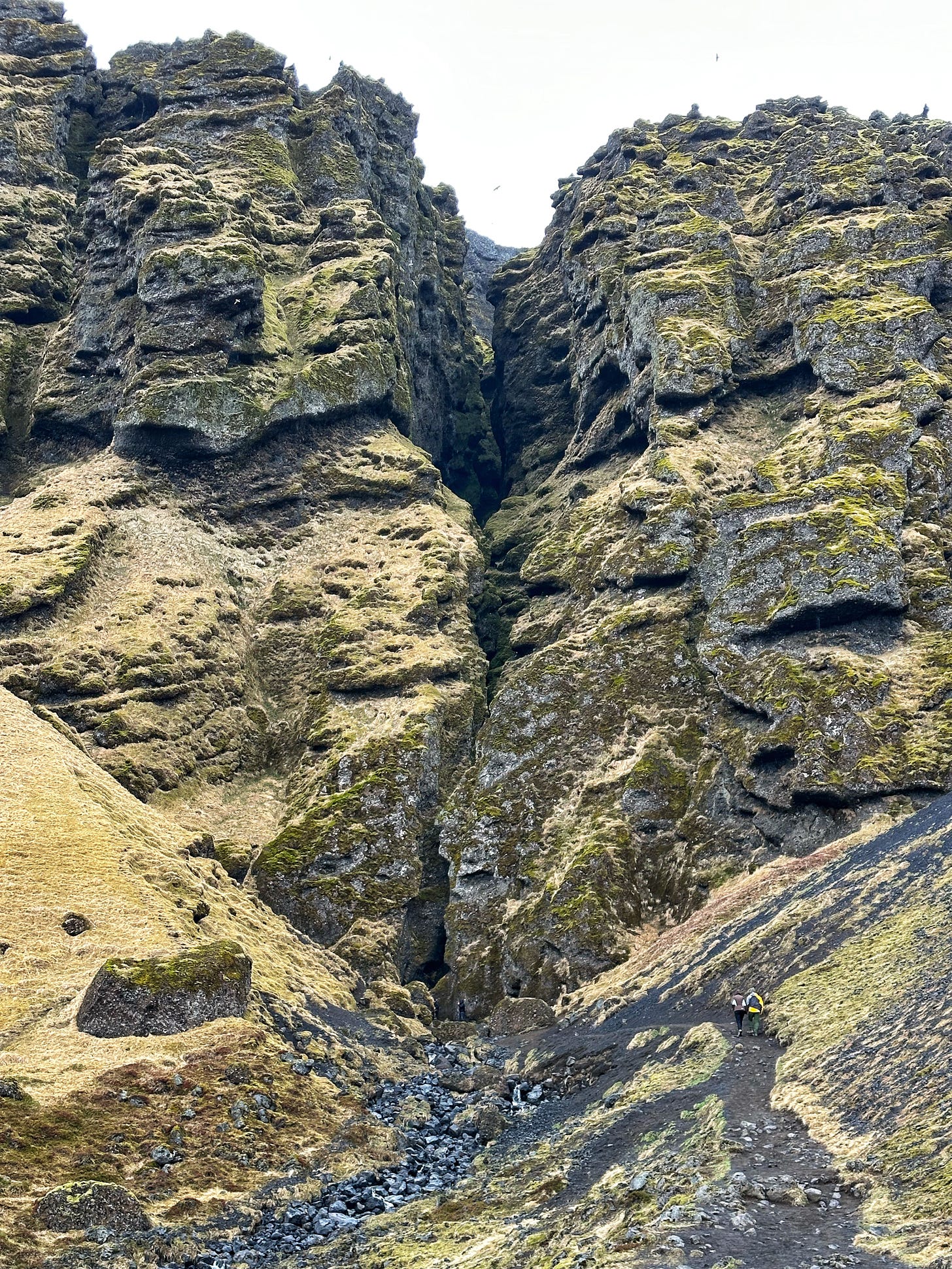 Rauðfeldsgjá Gorge, two people walking along the trail towards a tall mountain cliff covered in moss with a small seam-like opening in front.