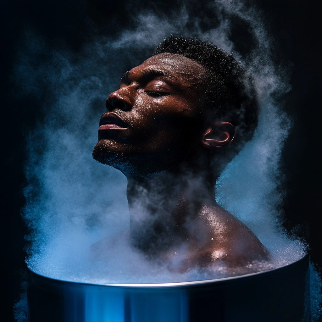 Male athlete partial cryotherapy for recovery.
