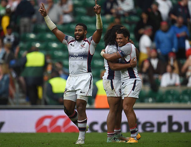 Andrew Durutalo of USA celebrates their victory in the Cup Final match between Australia and USA in the Marriott London Sevens at Twickenham Stadium...