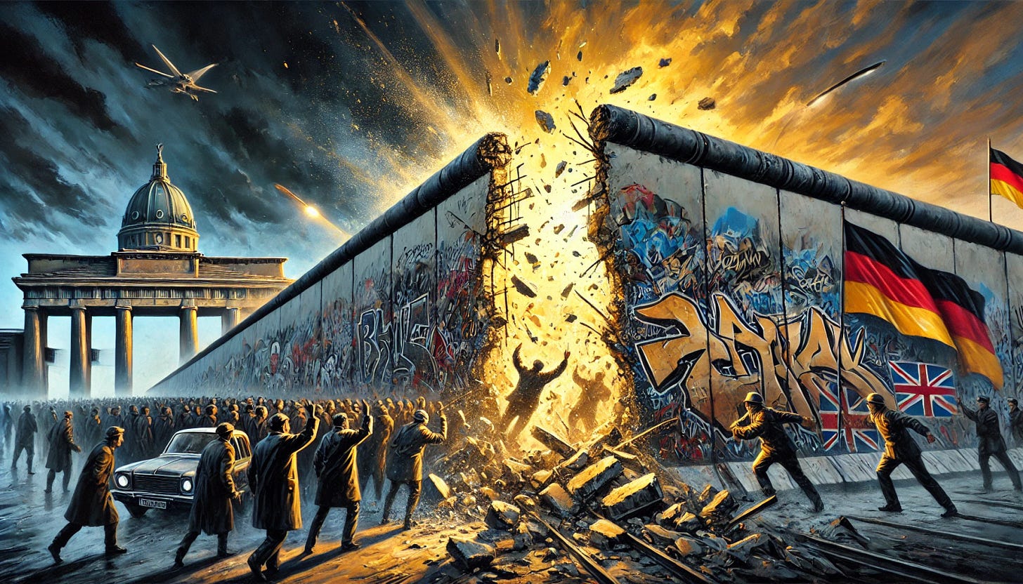 A dramatic painting of the Berlin Wall falling. The scene captures a moment of history with large sections of the wall crumbling, graffiti-covered concrete breaking apart as people celebrate. Bright lights shine through the cracks, symbolizing hope and freedom. The background features a dark sky, representing the oppressive past, while a golden sunrise emerges, signifying a new era. The composition is dynamic, with energetic brushstrokes, giving a sense of movement and historical urgency. The style is modern and evocative, resembling the cover illustrations of The Economist. The aspect ratio is 16:9 for a widescreen format.