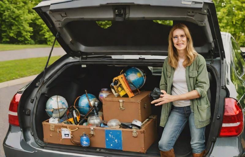 Substack AI prompt "female astronomer with car trunk full of science props"