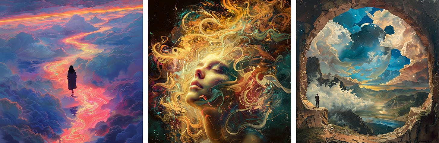 Woman walking in the clouds | Head whirling with dreams | Man standing up in front of a hole