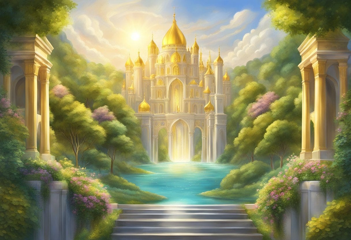 A radiant, golden city with pearly gates and streets of gold, surrounded by a peaceful, lush garden and a crystal-clear river flowing from the throne of God