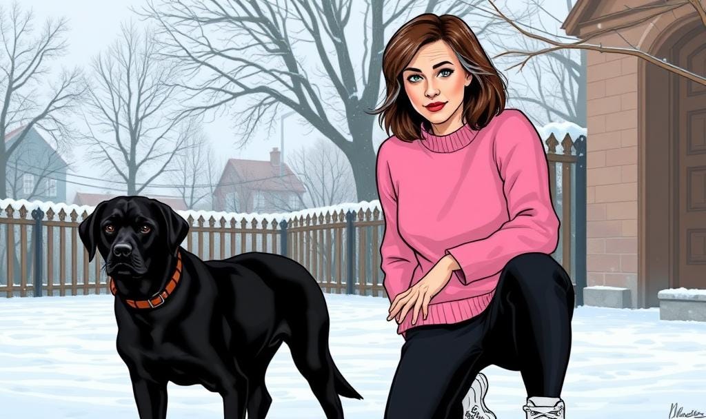 A midlife woman with dark green eyes, shoulder length brown hair with grey streaks, wearing a pink jumper and black jogging bottoms with white trainers. A black labrador with a brown collar is nearby. Wintery scene.