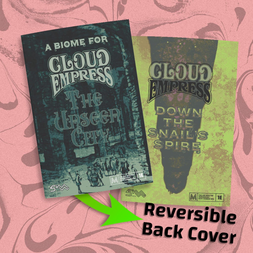 Two zines superimposed with an arrow saying “Reversible Back Cover”