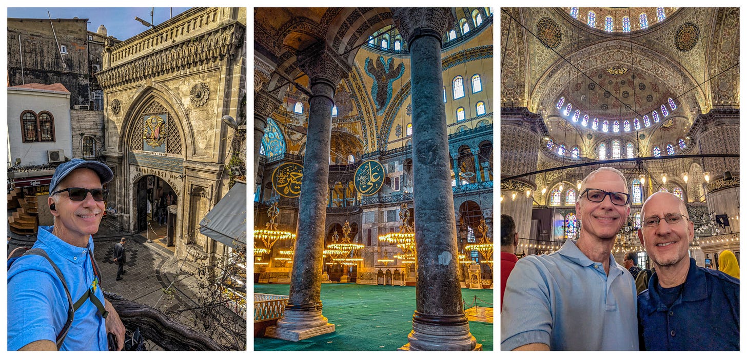 Michael in front of the entrance to the Grand Bazaar, the interior of Hagia Sophia, and Brent and Michael inside the Blue Mosque. 
