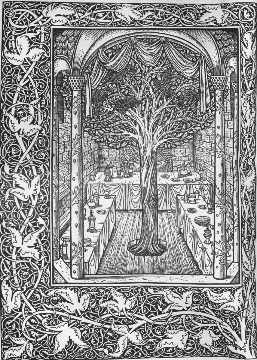 Ornate illustration of Tree of Life in a stone building surronded by three leaf vines entwined in a border.