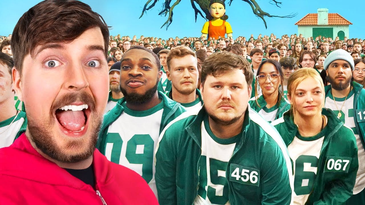 thumbnail image from MrBeast's video recreating Squid Games in real life, featuring MrBeast and the competitors behind him