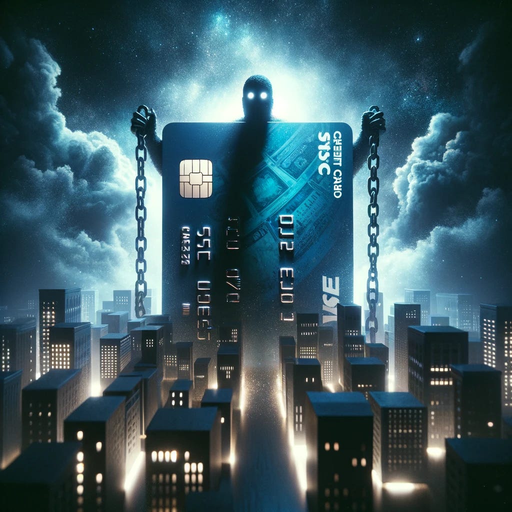 An artistic representation capturing the dark truth behind credit cards. The image depicts a sinister, oversized credit card dominating a cityscape at night, casting long, ominous shadows over buildings. The credit card glows with an eerie light, symbolizing power and influence. Shadowy figures are bound by chains made of credit card material, illustrating the concept of debt and financial enslavement. The atmosphere is moody and foreboding, with a color palette of deep blues, blacks, and hints of metallic silver, emphasizing a sense of caution and unease.