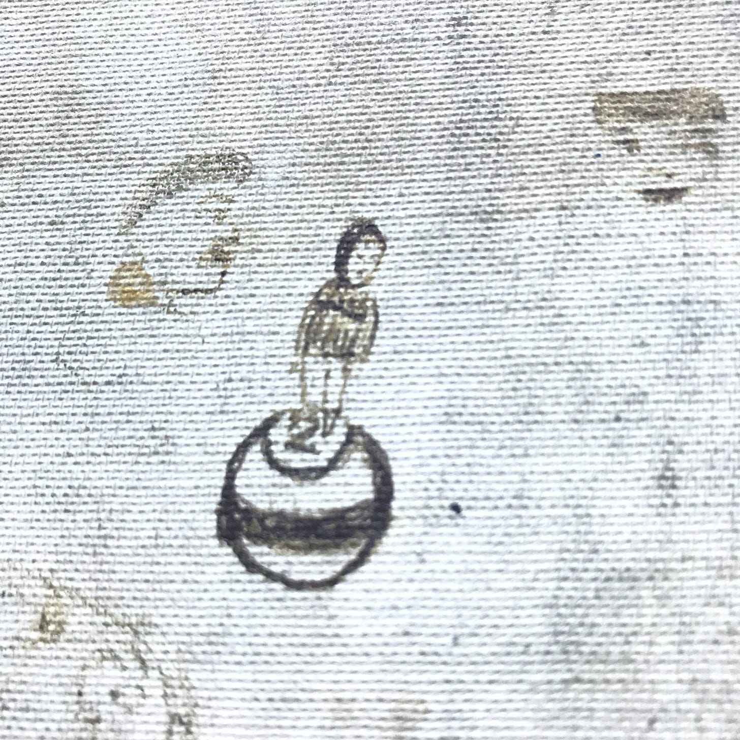 detail of drawing from the cover of Faux Jean's journal depicting a hooded kid standing on a planet resembling a 2-ball from pool.