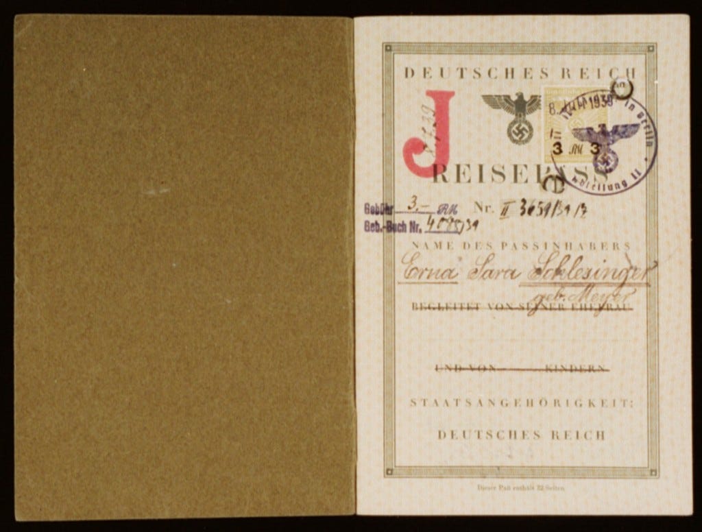 German passport Issued to Erna "Sara" Schlesinger (inside) | Holocaust  Encyclopedia