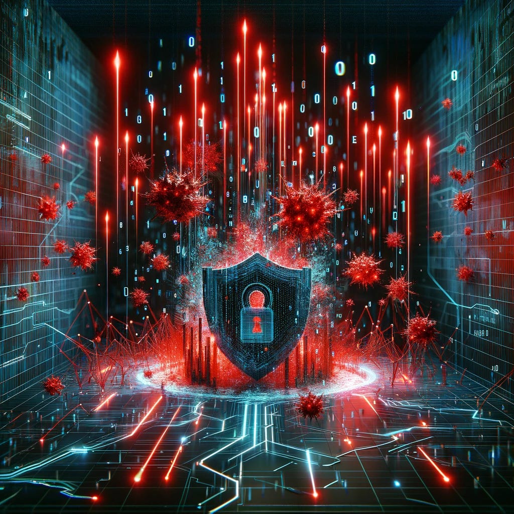 A digital landscape illustrating a cybersecurity vulnerability. The scene depicts a fortified firewall being breached by a swarm of malicious code represented by red glitchy streams. The background is a cyberspace environment with neon lines representing network connections. The foreground shows a shield symbolizing protection being cracked, while binary code rains down like a storm, indicating a severe security breach. The atmosphere conveys urgency and the advanced nature of the threat in a high-tech world.