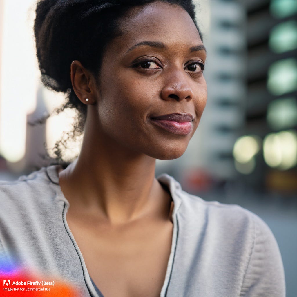 AI-generated photographic portrait of a black woman with hair pulled up, looking at the camera and smiling."