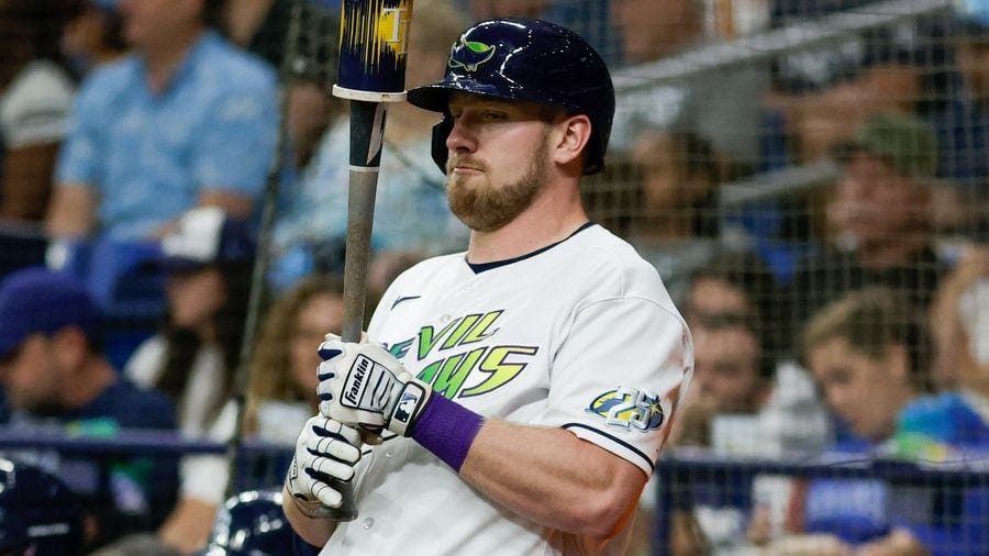 Rays rightfielder Luke Raley prepares for an at-bat during Friday's game against the Dodgers at Tropicana Field.