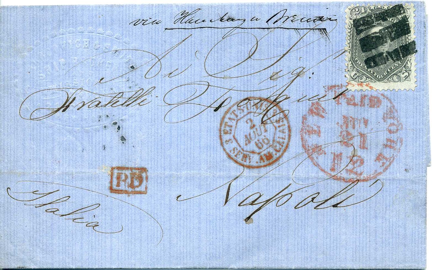 1866 letter from US to Naples, Italy