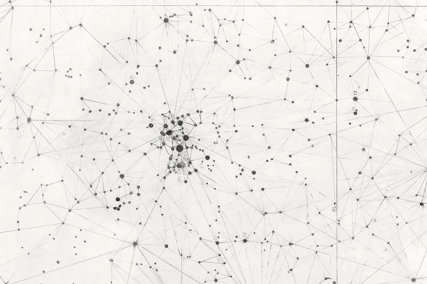 Victoria Burge, Untitled, (detail), (acrylic and pencil on star chart from the Atlas Eclipticalis), 2016 [Krakow Witkin Gallery, Boston. © Victoria Burge]