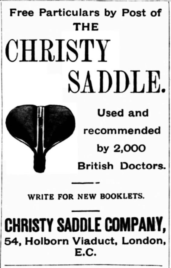 A printed advertisement for the 'Christy' bicycle saddle. There is an image of the saddle, showing the channel down the middle, which was designed for comfort. The advertisement has the text 'used and recommended by 2,000 British doctors'.