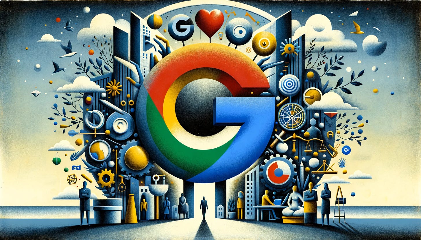 Symbolic representation of the theme 'Can Google be a “Good Corporation”?'. The image should feature a large, central Google logo partially obscured by shadows, symbolizing corporate challenges. Surrounding it, include symbols such as a heart for 'good', a scale for balance, a doughnut for 'Doughnut Economics', and diverse people representing employees and society. The background should merge corporate buildings with a natural environment, illustrating the tension between corporate and ecological values. The style should be thoughtful and semi-abstract, evoking a sense of analysis and introspection, without any text.