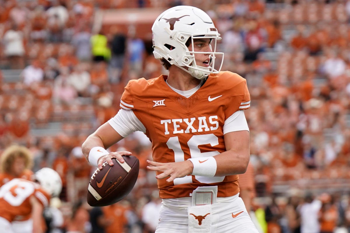 Sep 16, 2023; Austin, Texas, USA; Texas Longhorns quarterback Arch Manning (16) warms up before a game against the Wyoming Cowboys at Darrell K Royal-Texas Memorial Stadium. Mandatory Credit: Scott Wachter-USA TODAY Sports