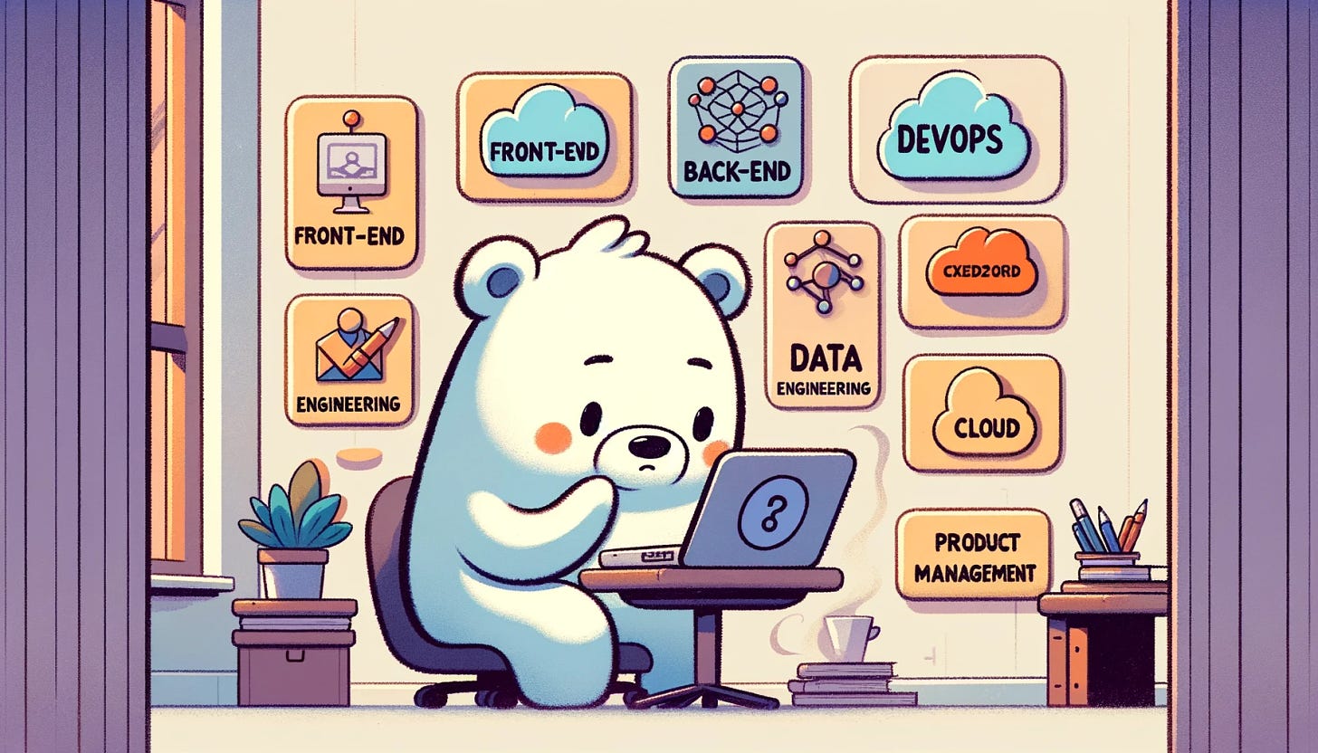 A cartoon-style illustration of an animal character, possibly a bear or similar, in a study room. The room is filled with various symbols representing different tech job roles like front-end, back-end, DevOps, cloud, data engineering, UI/UX, and product management. The character is thoughtfully examining these symbols, reflecting the process of deciding on a job type in tech. The illustration maintains the style and muted color palette used in the previous bear image, emphasizing a consistent theme and the diversity of career options in technology.