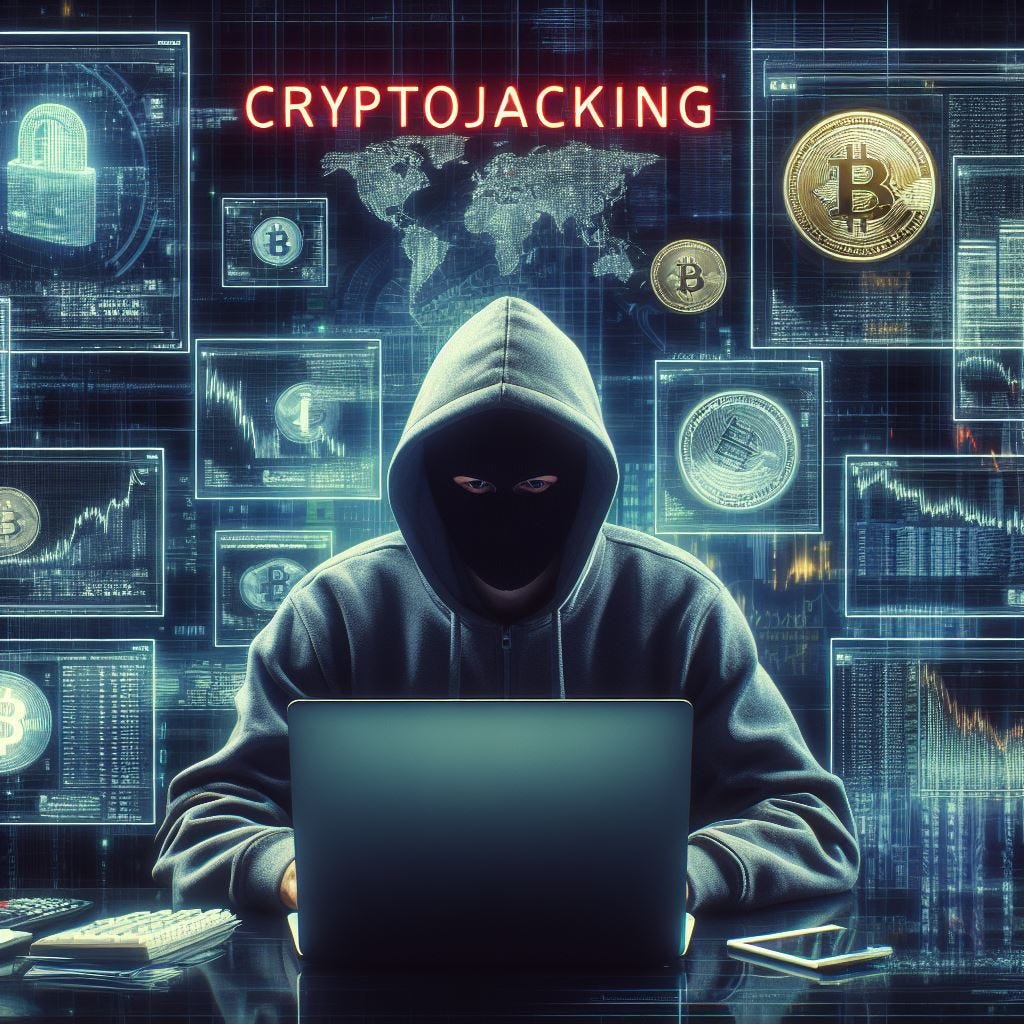 A hacker wearing a hoodie and a mask, sitting in front of a laptop with multiple screens showing cryptocurrency charts and codes. The background is dark and has a digital matrix effect. The word 'cryptojacking' is written in red letters on the top of the image.