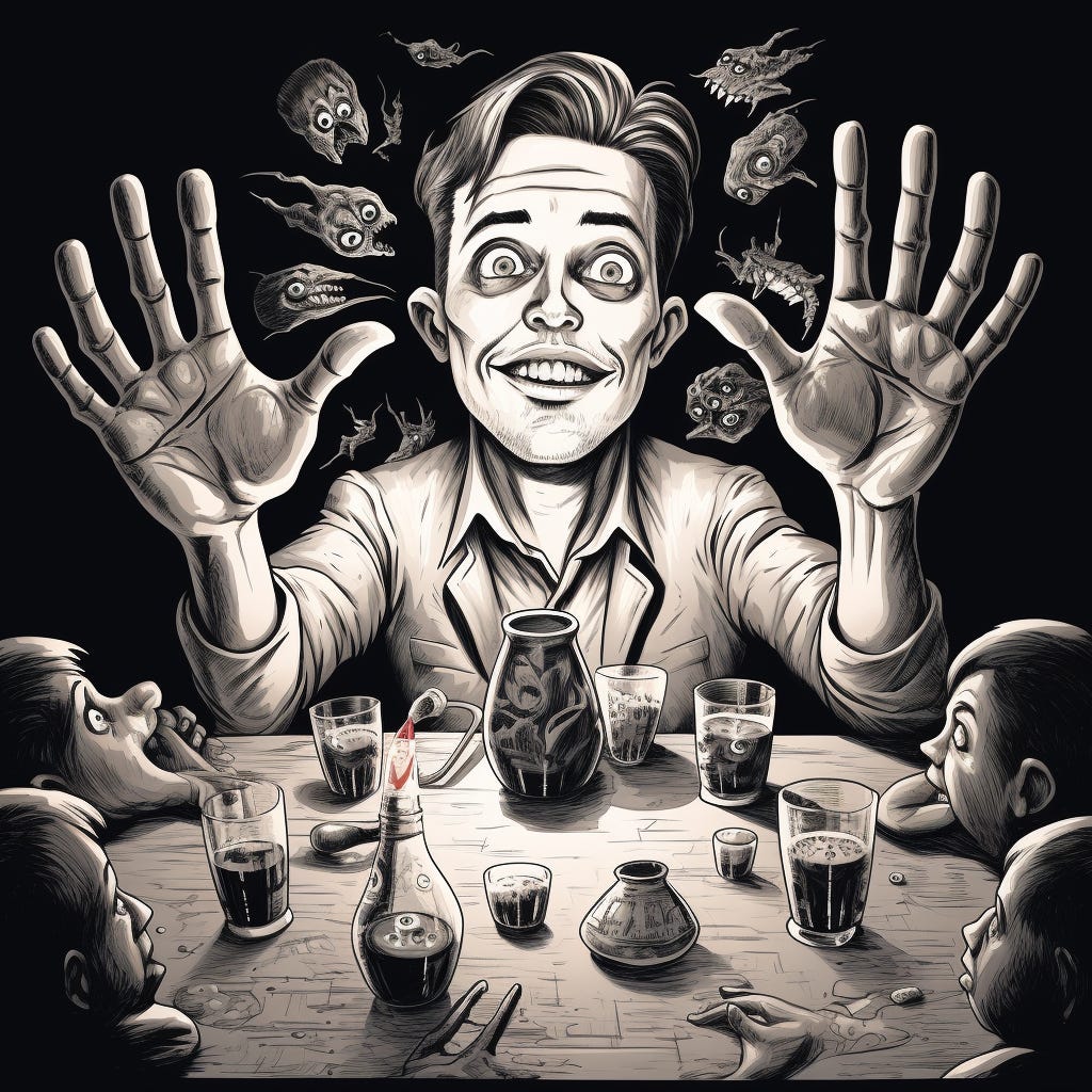An over-the-top sketch of a man grinning like a maniac with eyes bulging in front of 10 drinks while demons and monsters stare at him lecherously.