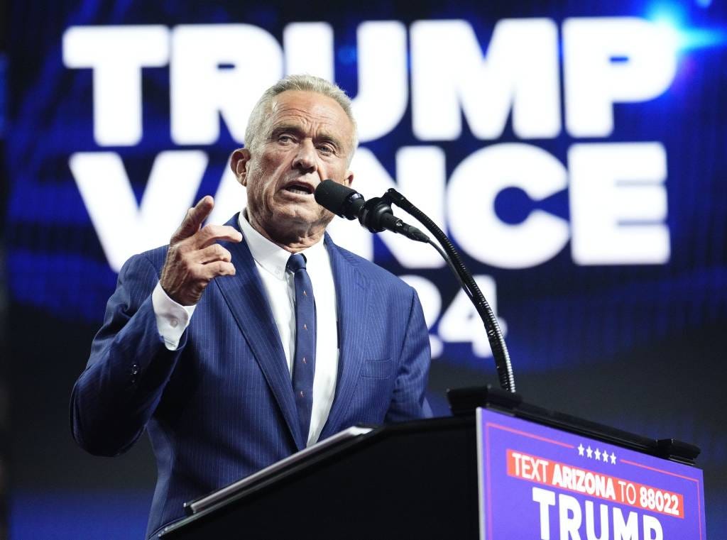 Independent Robert F. Kennedy Jr. appears at a rally with former President Donald Trump after he quit his presidential race and endorsed Trump at Desert Diamond Arena on Aug 23, 2024,