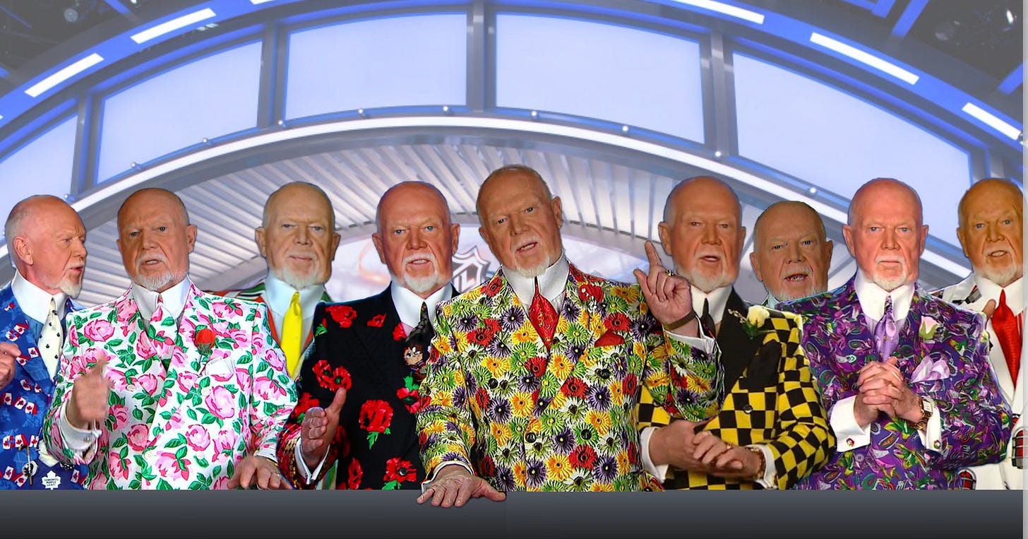 Collage of Don Cherry “Coach’s Corner” segments in a variety of colourful suits.