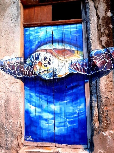 un murales a Melito di Porto Salvo raffigurante una frequentatrice di questo mare: la tartaruga Caretta Caretta