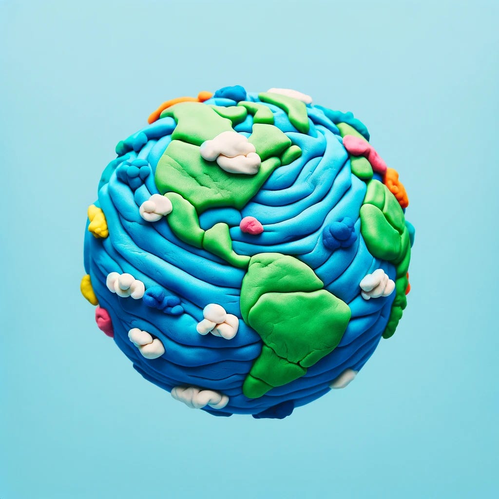 Create an image of a globe that appears to be made out of Play-Doh, featuring bright blues for the oceans, vibrant greens for the landmasses, and whites for the clouds. The texture should closely resemble that of Play-Doh, with a slightly soft and malleable appearance, emphasizing the playful and tactile nature of the material. The globe should be centered in the image, with a clear distinction between the colorful continents, blue oceans, and fluffy white clouds scattered across its surface, capturing a whimsical and child-friendly interpretation of Earth.