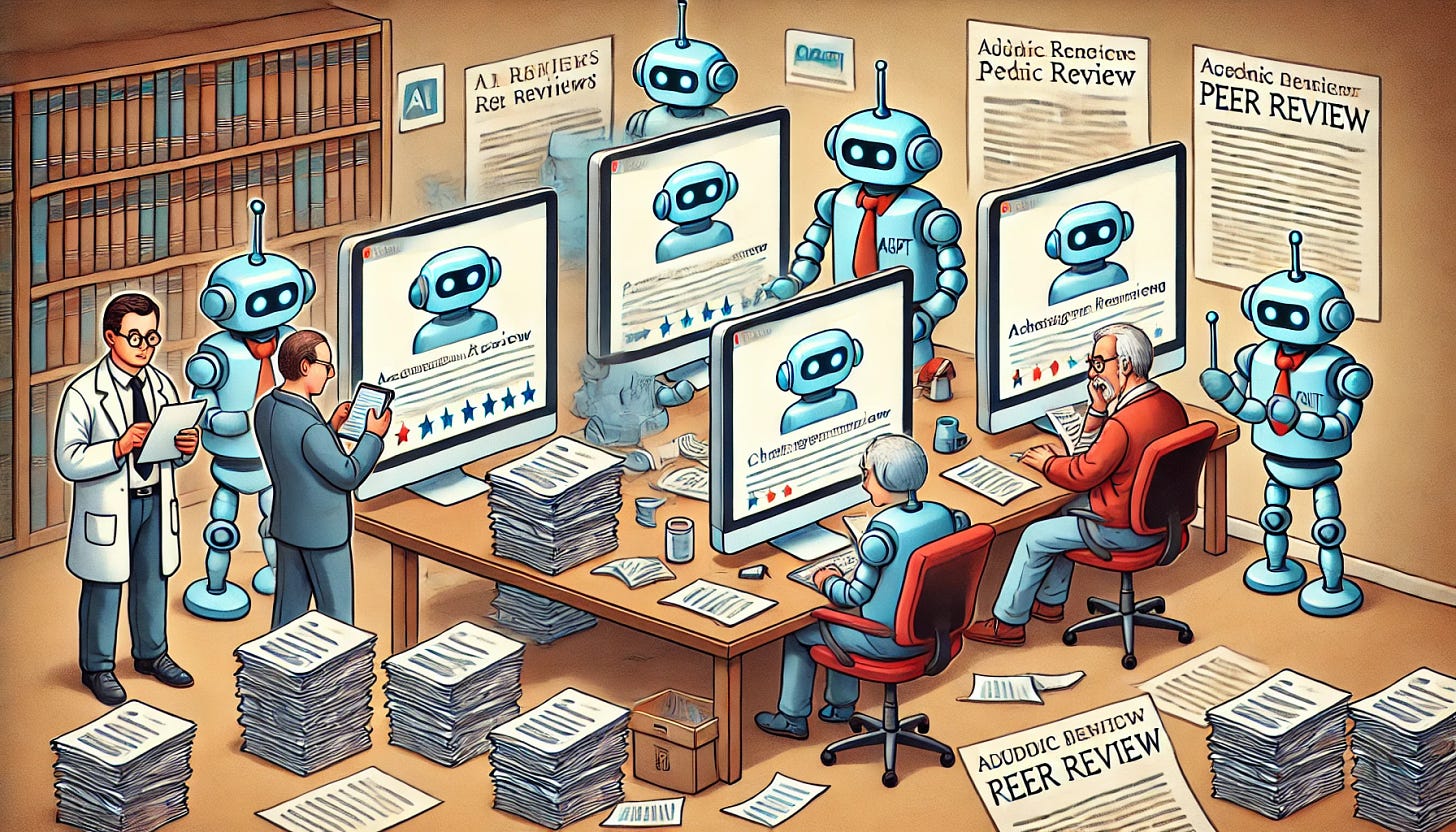 A humorous and thought-provoking scene illustrating the impact of AI on academic peer review. Picture a digital academic setting with ChatGPT reviewing papers. Several figures – reviewers, authors, and editors – are depicted, each appearing either exasperated, amused, or detached. The reviewers seem relieved, perhaps browsing on their phones, as ChatGPT rapidly generates responses on multiple screens. Editors appear either indifferent or using similar AI tools to simulate different review perspectives. An author is shown at a desk, looking overwhelmed as they attempt to respond to three ChatGPT-generated reviews. The background includes paper stacks and icons of AI technology subtly integrating into the academic process. The overall tone should be reflective yet humorous, capturing the sense of frustration and dependency in a digital academic world.