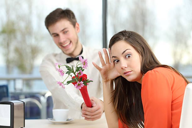 Woman Rejecting A Geek Boy In A Blind Date Stock Photo - Download Image Now  - Dating, Embarrassment, Men - iStock