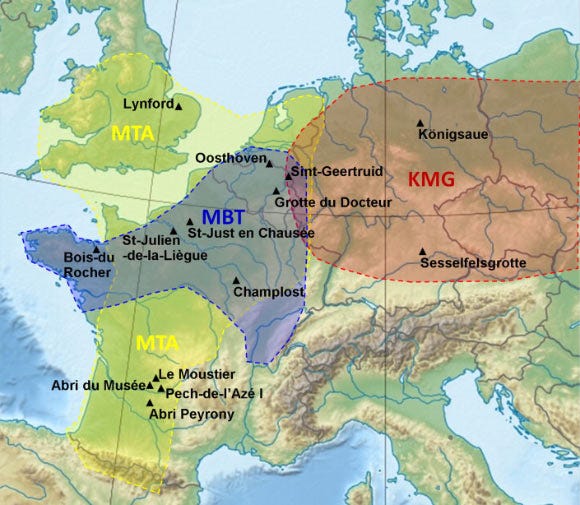 Location of the study sites and Neanderthal cultures: Mousterian of Acheulean Tradition, MTA, Keilmessergruppen, KMG, and transitional - Mousterian with Bifacial Tools, MBT (Karen Ruebens)