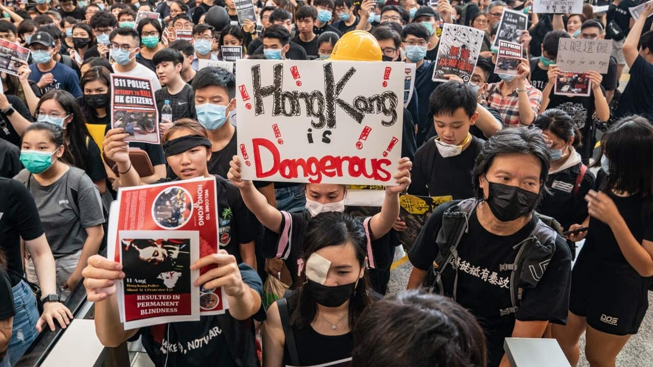 Protesters occupy the arrival hall of the Hong Kong International Airport.